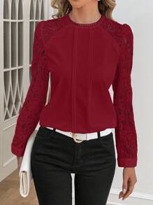 SHEIN Clasi Blusa Roja Para Mujer Sin Espalda De Encaje - Rojo - Ver 2