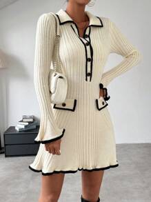 Chiquease Vestido Estilo Suéter Con Ribetes Y Detalle De Solapa En Bloques De Color - Albaricoque - Ver 6