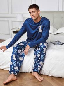 男士睡衣和家居服,對比袖口和考拉印花,長袖和長褲,家庭裝媽咪和我(分別以3套出售) - 藍色 - 查看 7