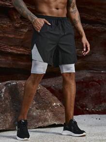Manfinity Sport Corelite Pantaloni scurți sport 2 în 1 pentru bărbați, cu dungi contrastante, pantaloni scurți de trening, pantaloni scurți negri - Negru - Vizualizare 3