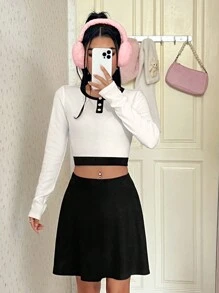 SHEIN EZwear Contrast Trim Cropped T-shirt And Skirt Set - Black and White - View 5