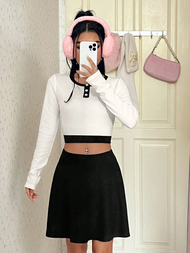 Contrast Trim Cropped T-shirt And Skirt Set