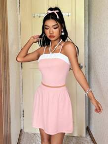 SHEIN EZwear Women's Color Block Spaghetti Strap Tank Top And Skirt Co-Ord Set - Pink - View 4