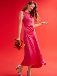 MOTF PREMIUM WOVEN WOMEN'S SOLID COLOR FOLD PLEATED DRESS,VALENTINE'S DAY OUTFIT - Hot Pink - View 7