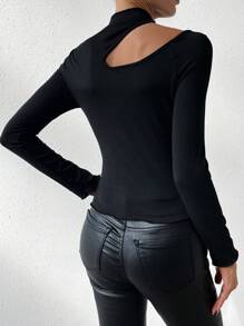 SHEIN Privé Của phụ nữ Cắt ra Tay Raglan Áo thun - màu đen - Xem 2