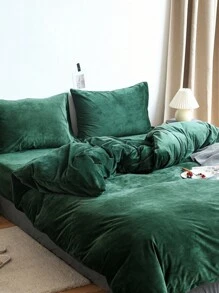 3pcs Dark Green, Velvet Crystal Velvet, Autumn And Winter, Warm, Flannel, Double-Sided Solid Color, Dormitory Bedding Set, Ladies, Including 1 Down Quilt Cover And 2 Pillowcases, Super Soft, Machine Washable, No Filler,Twin Full Queen King - Dark Green - View 4