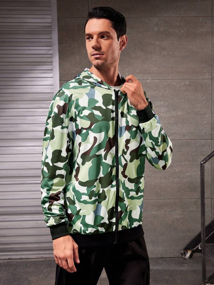 Men's Camouflage Zipper Closure Sports Hoodie Workout Tops