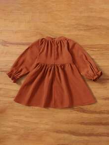 SHEIN Em bé Cô gái Màu thuần Tay áo xù Đầm - Rỉ Nâu - Xem 2