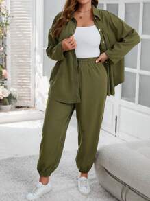 SHEIN LUNE 大码女式纯色衬衫和裤子两件套 - 軍綠色 - 查看 1