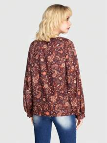 ROMWE Hippie 女用佩斯利圖案印花長袖襯衫 - 白色 - 查看 5