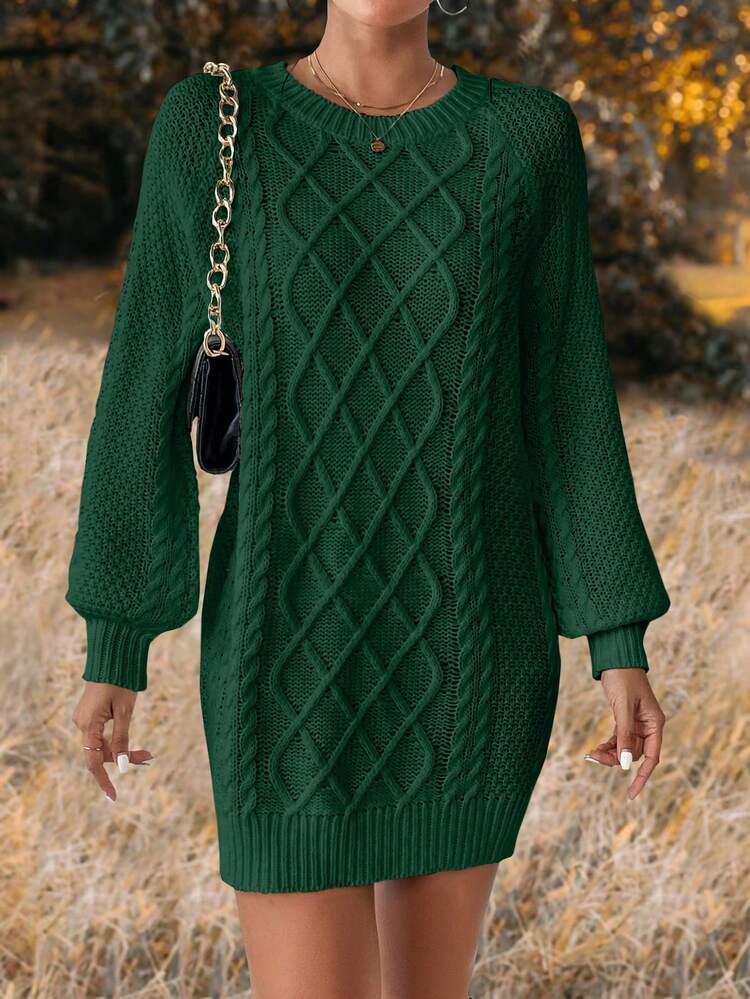 SHEIN LUNE 纜繩編織燈籠袖毛衣連衣裙 - 軍綠色 - 查看 1