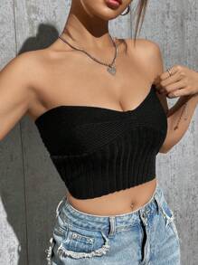 SHEIN Unity 女士無肩帶針織上衣 - 黑色 - 查看 3