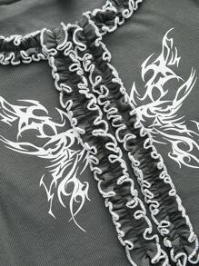 ROMWE PUNK Camiseta De Manga Ondulada Con Volantes Y Estampado De Alas Para Mujeres - Negro - Ver 4