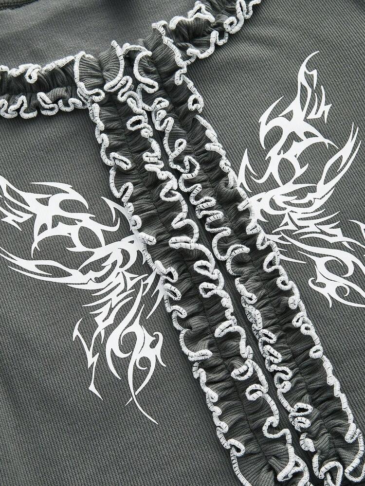 Women's Wing Printed Frill Trim Flounce Sleeve T-shirt