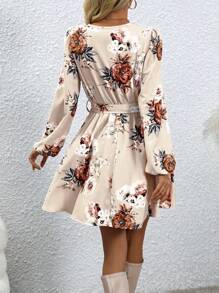 SHEIN Clasi Women's V-neck Allover Printed Belted Dress - Yellow - View 2