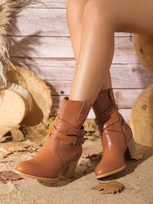 Styleloop 鉚釘時尚靴子 - 駝色 - 查看 2