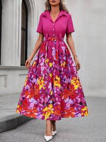 SHEIN Clasi Floral Printed Belted Shirt Dress - Hot Pink - View 1