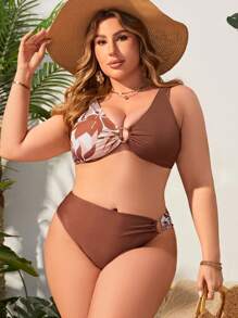 SHEIN Swim Curve 大尺碼女士熱帶印花比基尼套裝,附圓形細節 - 彩色 - 查看 9