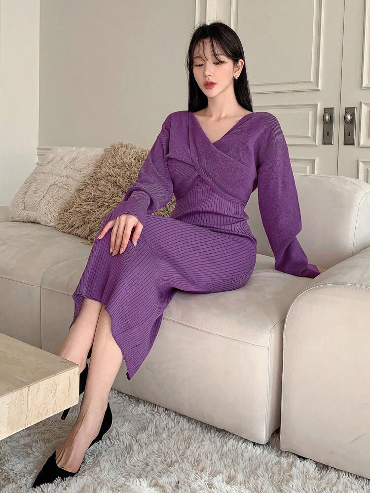 Cross Wrap Long Sleeve T-Shirt And Skirt Two Piece Set,Fall Women Clothes