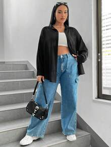 SHEIN EZwear Black Woven Loose Casual Women's Shirt - Black - View 7