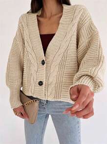 EURMUSE Cable Knit Drop Shoulder Cardigan - Apricot - View 3