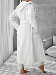 RueChic Hooded Robe With Belt And Pockets For Home Wear - White - View 2
