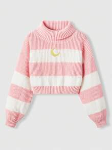 ROMWE Kawaii Moon Embroidery Striped Pattern Turtleneck Drop Shoulder Sweater, School
