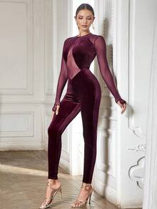 長袖網布插入性感天鵝絨連身連身褲 - 酒紅色 - 查看 1