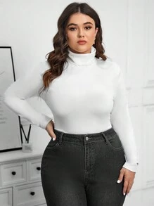 SHEIN Essnce Plus Size High Neck High Elasticity Bodysuit - أبيض - مشاهدة 3