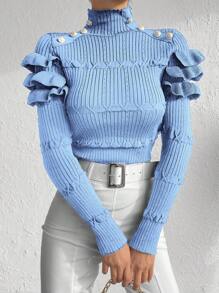 EURMUSE Jersey con diseño de botón ribete con fruncido de cuello alto - Celeste - Ver 1