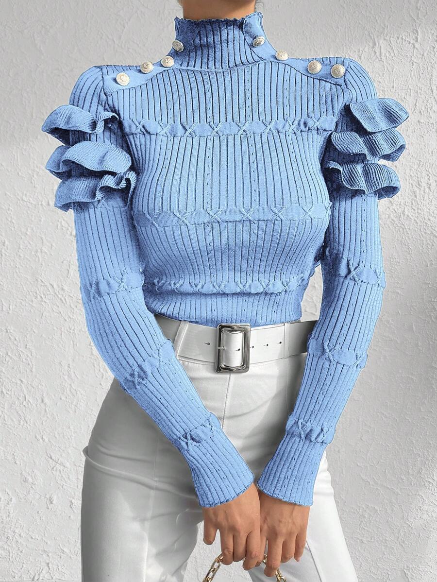 EURMUSE Jersey con diseño de botón ribete con fruncido de cuello alto - Celeste - Ver 1