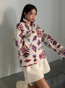 DAZY Women's Geometric Pattern Zipper Half Placket Sweatshirt,Thermal Lined Fall,Winter - Multicolor - View 2