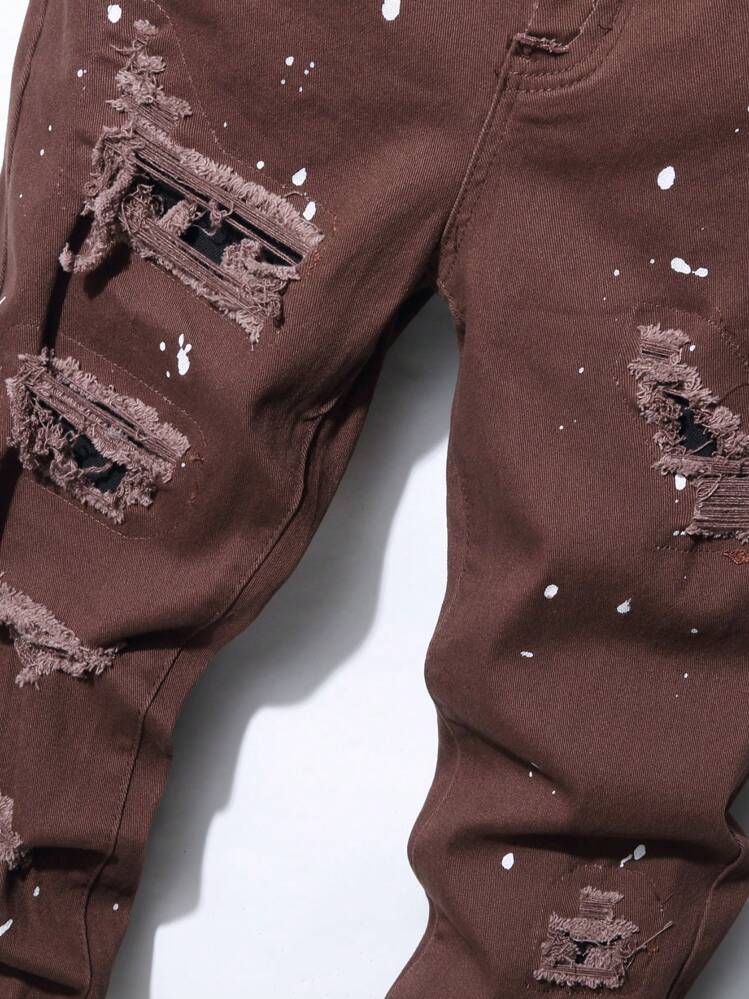 Manfinity Roughcore Herr Sliten Bedrövad Slitna Jeans Med Tryck Och Knappar i Gylfen Stängningslås - Kaffebrun - Visa 5