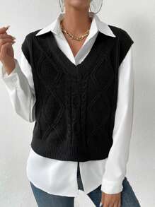 SHEIN LUNE Casual Twist Knitted Sweater Vest - Black - View 1