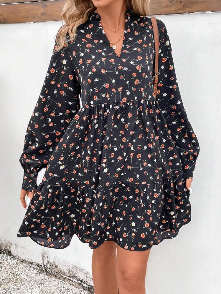 Women's V-Neck Casual Fashionable Floral Print Dress Winter Vacation Black Flower