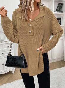 SHEIN Frenchy Women's Solid Color Drop Shoulder Sweater Winter - Apricot - View 4