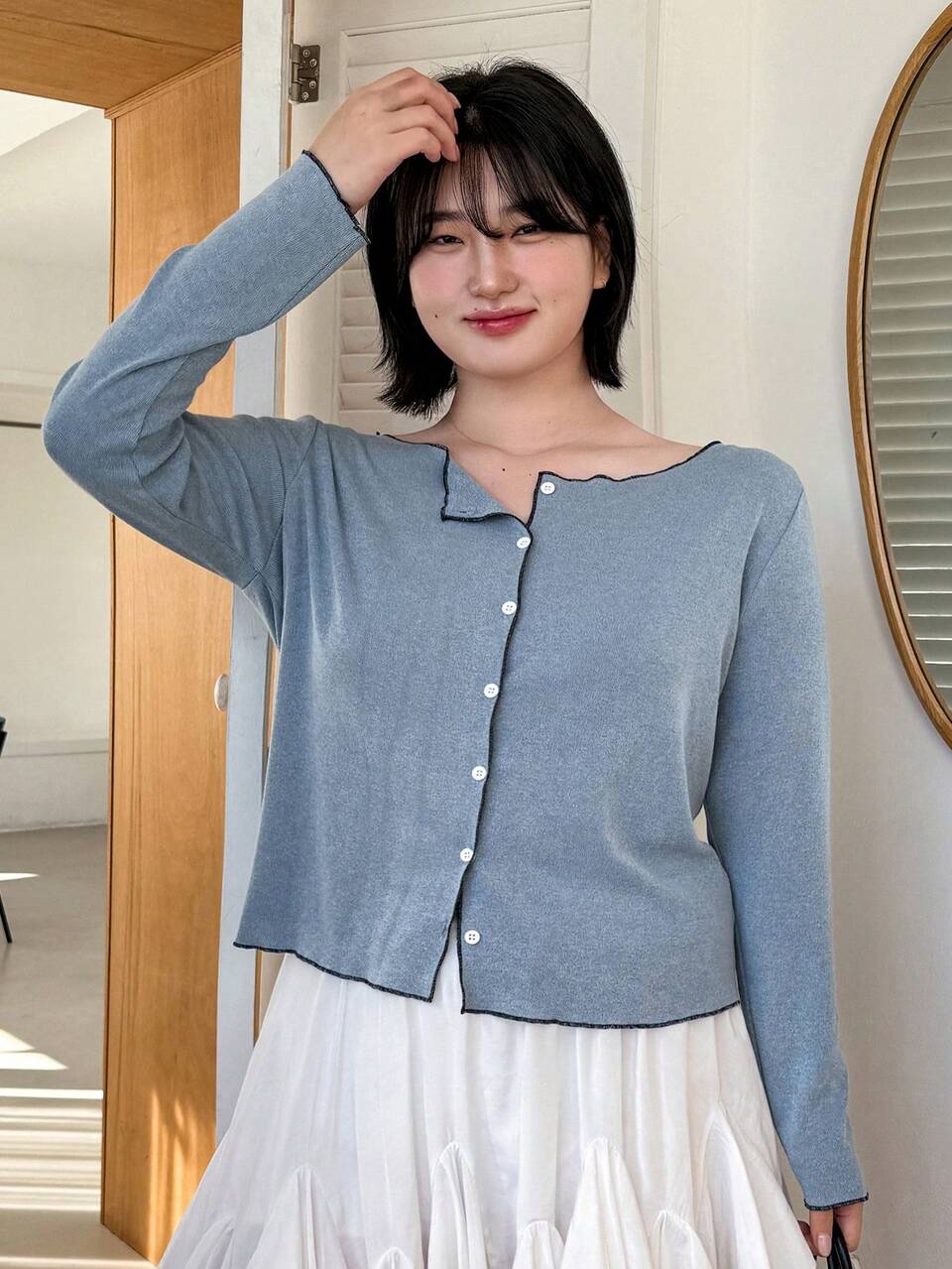 Dazy Petite Plus Color Block Roll-Up Sleeve Button Front T-Shirt Long Sleeve Women Tops