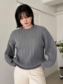 Dazy Petite Plus NỮ Màu thuần Vòng cổ Tay áo dài Áo chui đầu Áo len - Xám - Xem 5