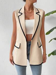 SHEIN Privé Của phụ nữ Tương phản Màu sắc Vòng cổ Mở Mặt trước Áo khoác Vest Áo khoác - Màu be - Xem 1