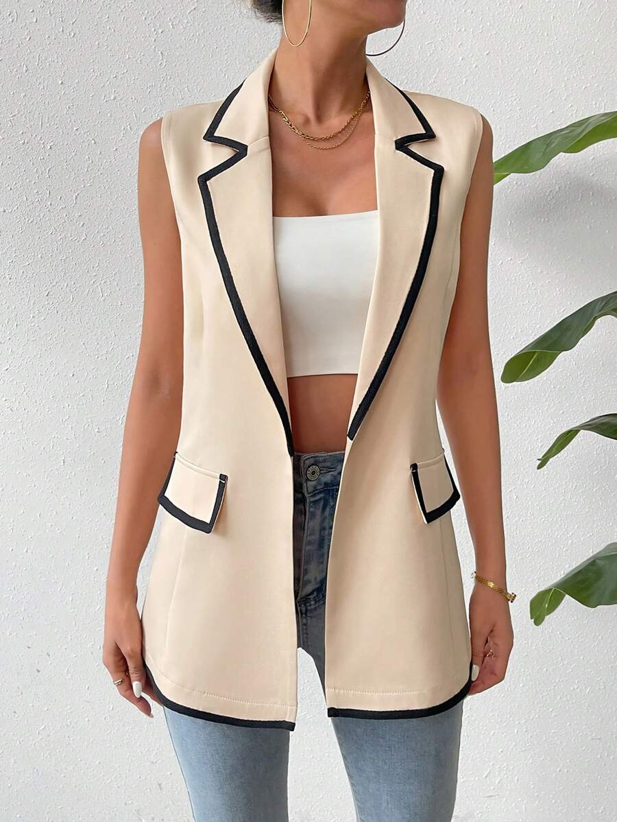 SHEIN Privé Của phụ nữ Tương phản Màu sắc Vòng cổ Mở Mặt trước Áo khoác Vest Áo khoác - Màu be - Xem 1