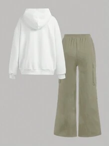 SHEIN Leap Crew Thiếu niên Cô gái In thư Hoodie Với Túi Và Quần Chạy bộ Giải trí Hai chiếc Bộ - xanh quân đội - Xem 6