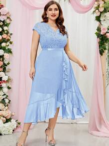 MIUSOL Plus Floral Lace Bodice Chiffon Ruffle Trim Evening Party Long Dress - Baby Blue - View 3
