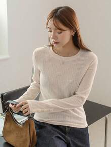 DAZY 女款純色修身圓領羅紋羈絆 T 卹 - 米色 - 查看 3