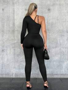 SHEIN SXY 女用不對稱領口緊身連身褲 - 黑色 - 查看 2
