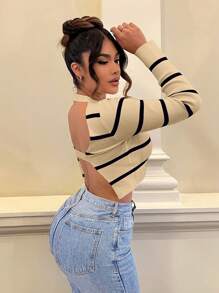 SHEIN SXY Backless Striped Cropped Sweater - Camel - View 1