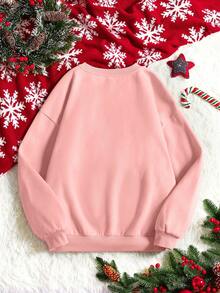 SHEIN EZwear 標語和人物圖案落肩袖運動衫 - 淺粉色 - 查看 2