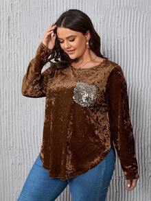 SHEIN LUNE Plus Size Women's Sequin Pocket Velvet T-shirt - Brown - View 4