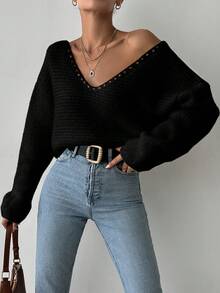 EURMUSE Maglione Oversize Da Donna Con Scollo A V Davanti E Dietro - nero - Visualizzare 5