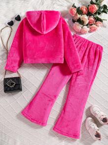 SHEIN 青少女連帽抓毛毛衣和印花運動長褲套裝 - 玫紅色 - 查看 2