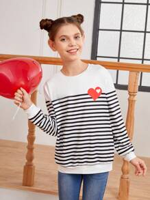女童針織愛心印花和條紋圓領寬鬆休閒t恤 - 彩色 - 查看 2